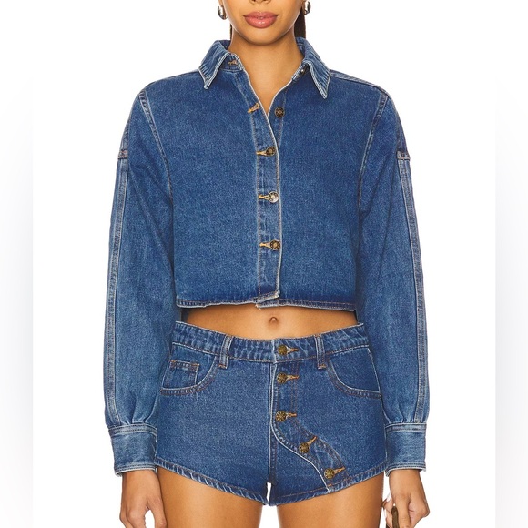 Lioness Tops - LIONESS Sundrenched Shirt in Mid Wash Cropped Denim Jacket Button Down Shirt S